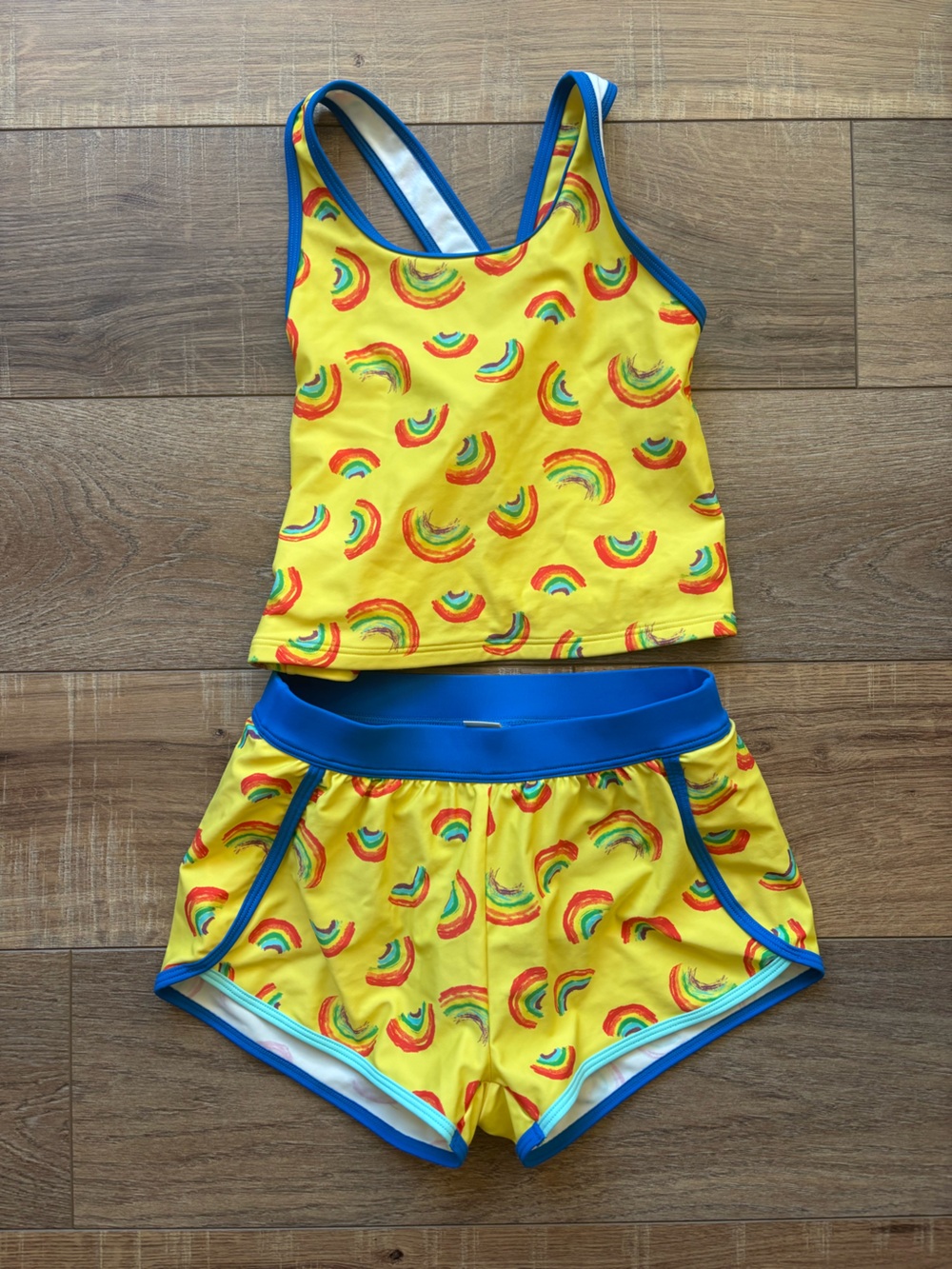 L.L. Bean Yellow Rainbow Print Girls' Two-Piece Swim Set with Blue Trim